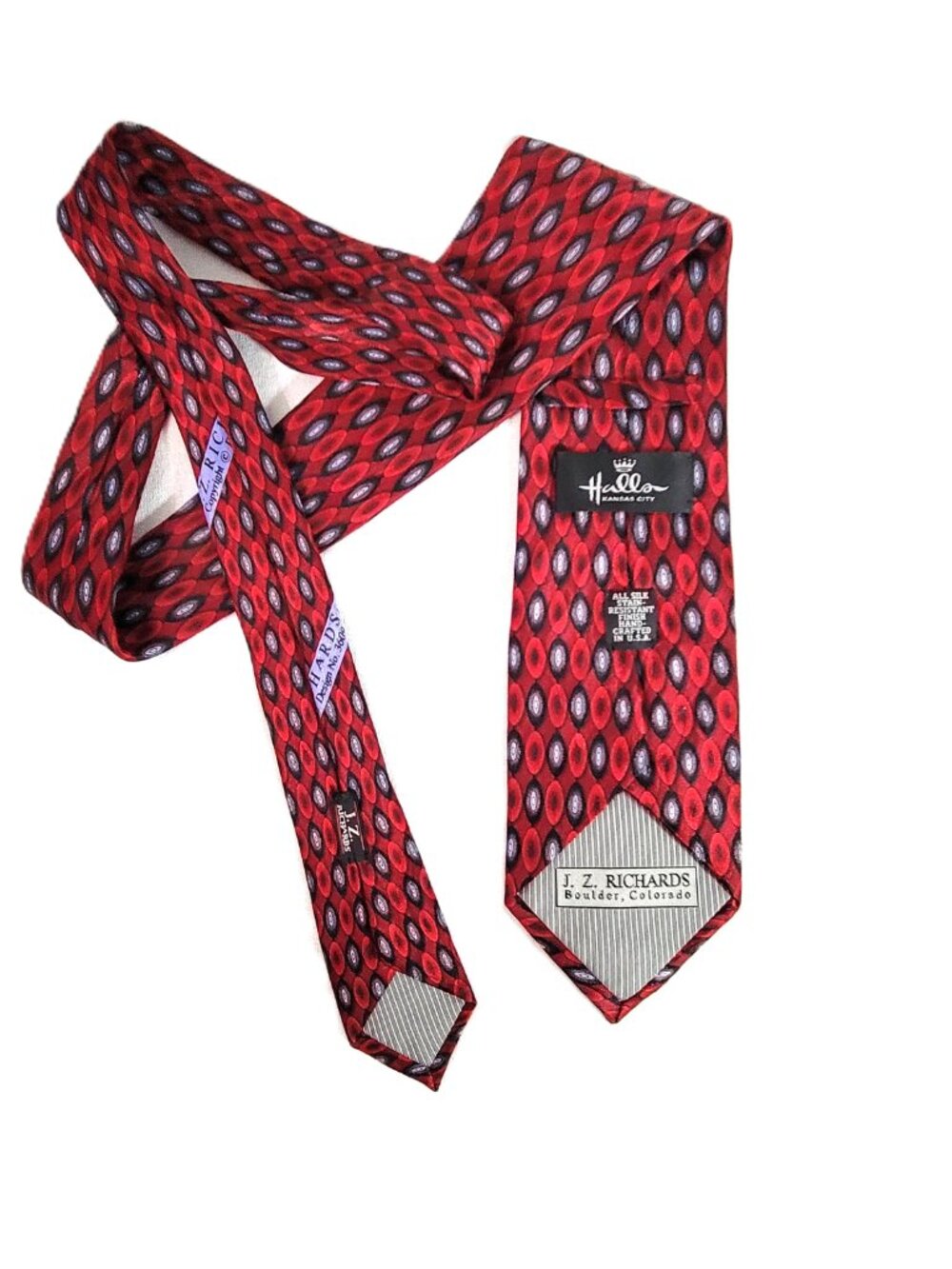J.Z. Richards Halls Necktie Red Black Gray Medallion Silk Geometric Handcrafted